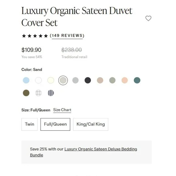 NWT QUINCE Luxury Organic Sateen Duvet Cover Shams Sand Full/Queen SOLD OUT Q21 - Picture 2 of 9